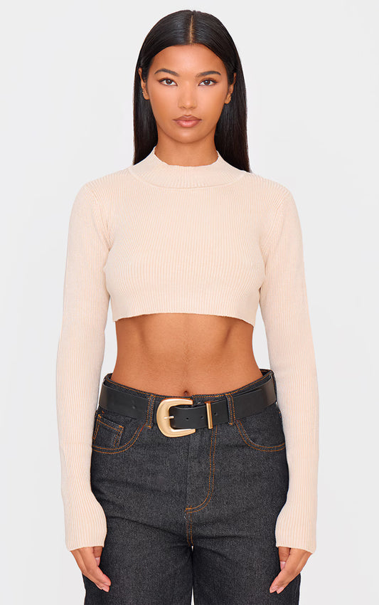 Oatmeal Knitted Cropped Crew Neck Sweater