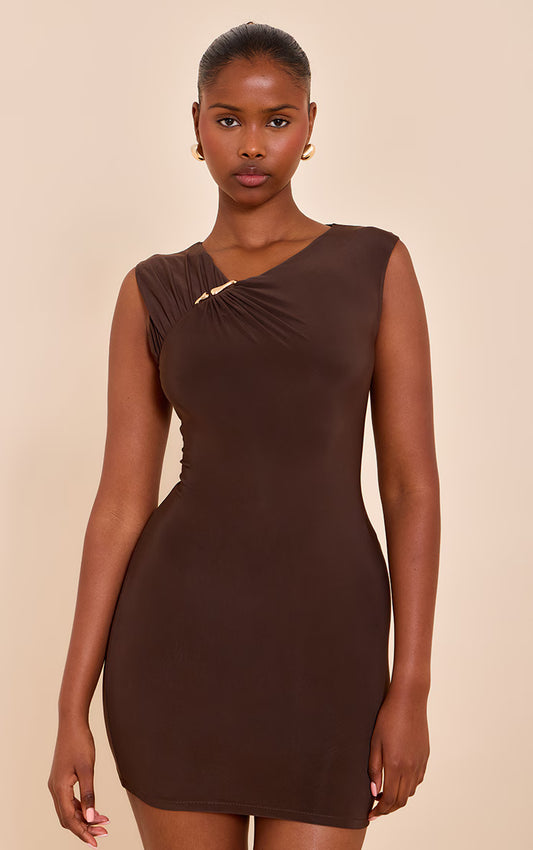 Chocolate Double Layer Ruched Trim Detail Mini Dress