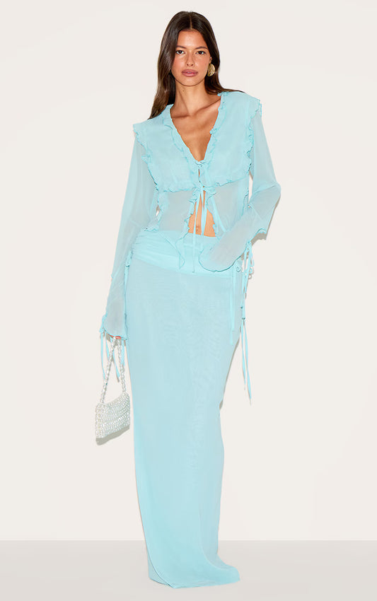 Aqua Ruched Chiffon Maxi Skirt