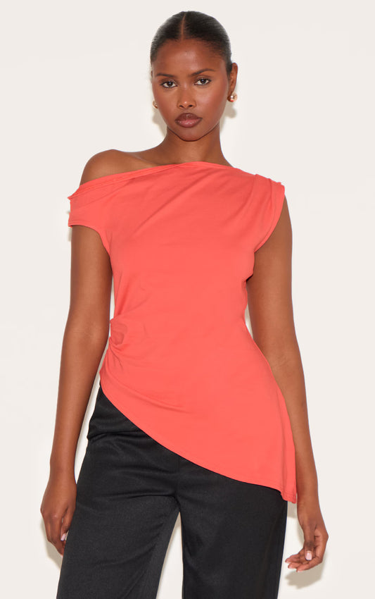 Red Asymmetric Shoulder Extreme Longline Top