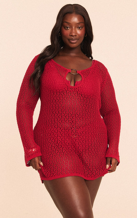 Plus Burgundy Crochet O Ring Mini Beach Dress