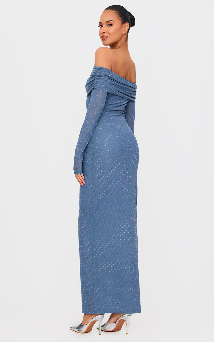 Steel Blue Diamante Bardot Long Sleeve Flare Sleeve Maxi Dress