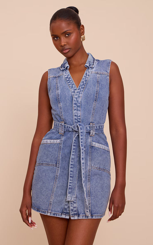 Light Blue Tie Waist Utility Style Denim Dress