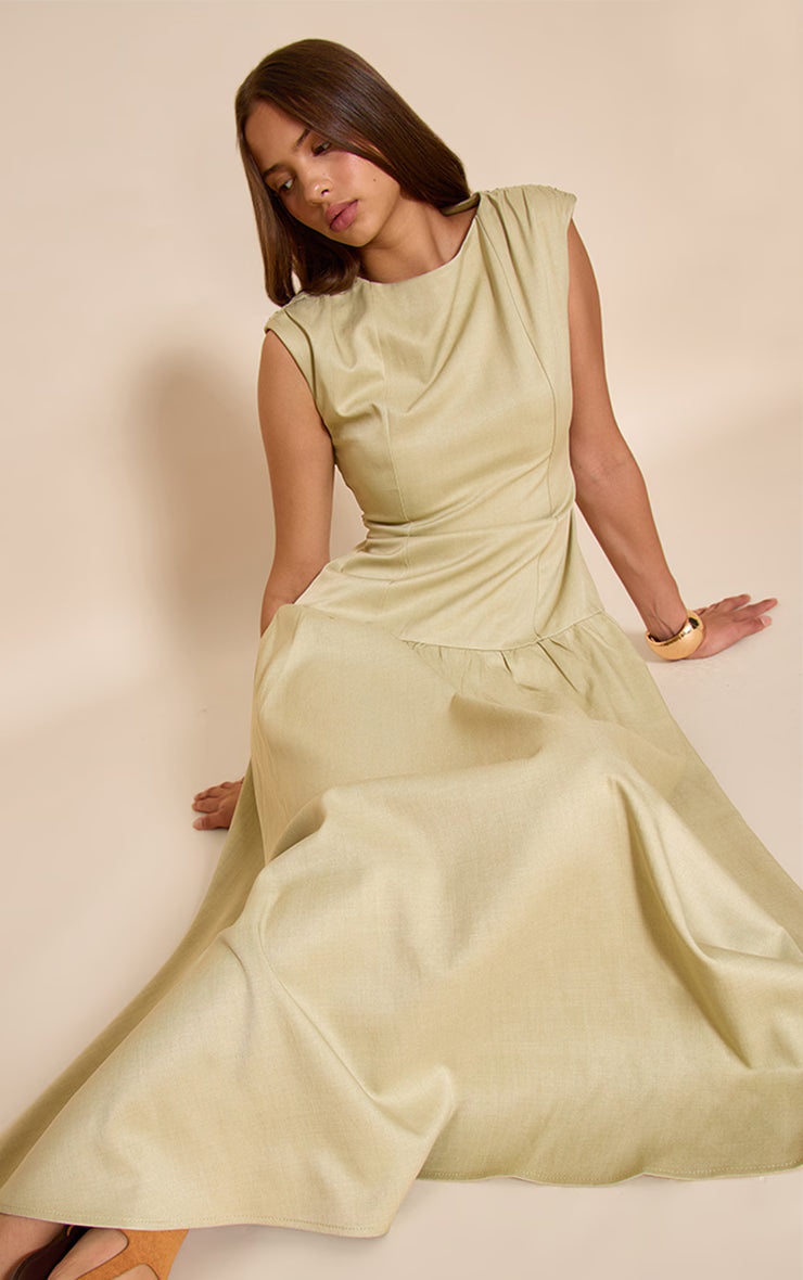 Sage Woven Boat Neck Dropped Waist Maxi Dress