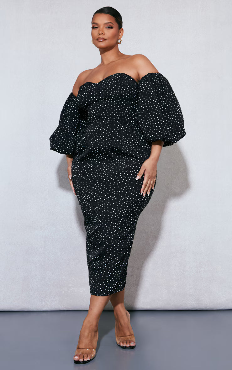 Plus Black Polka Dot Bandeau Puff Sleeve Midi Dress