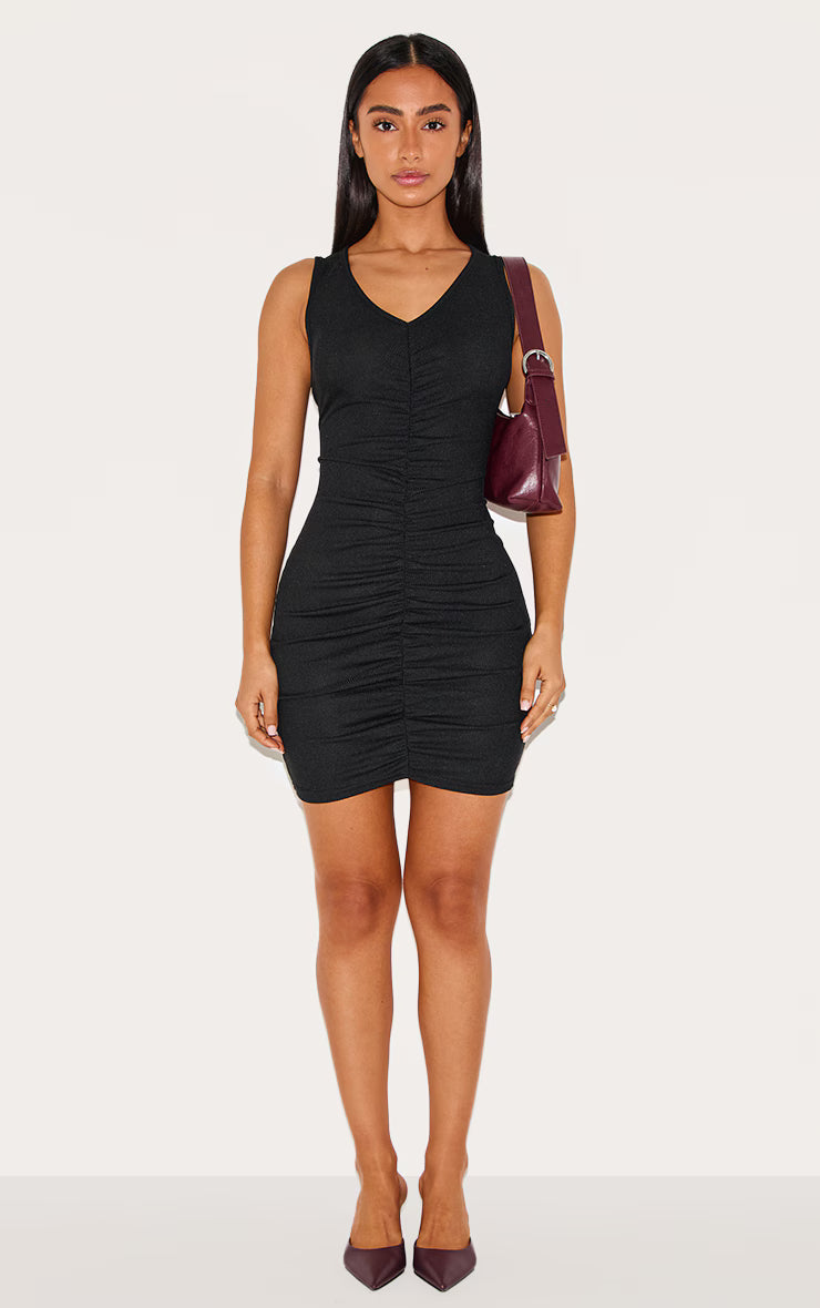 Petite Black Ribbed Ruched Racer Bodycon Dress