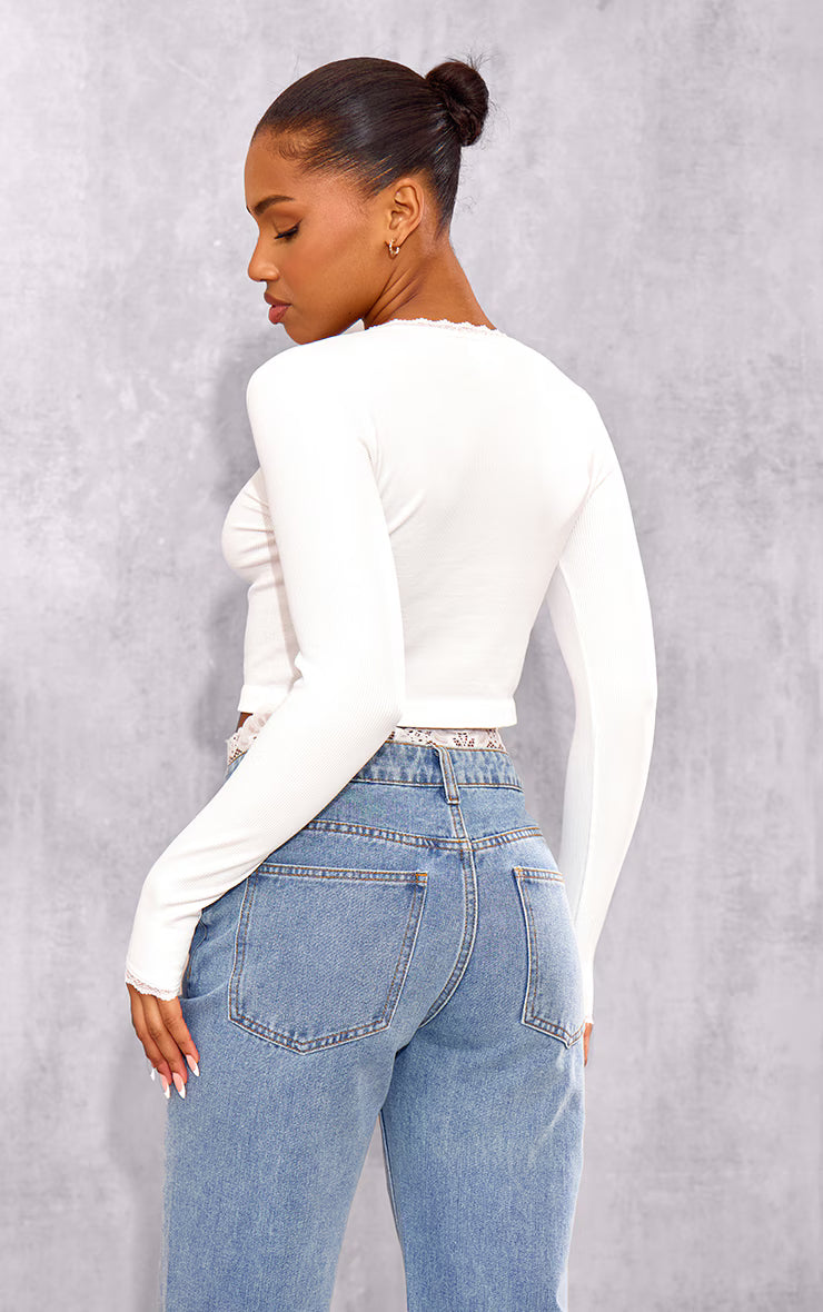 White Lace Trim Snatched Rib Button Up Long Sleeve Top