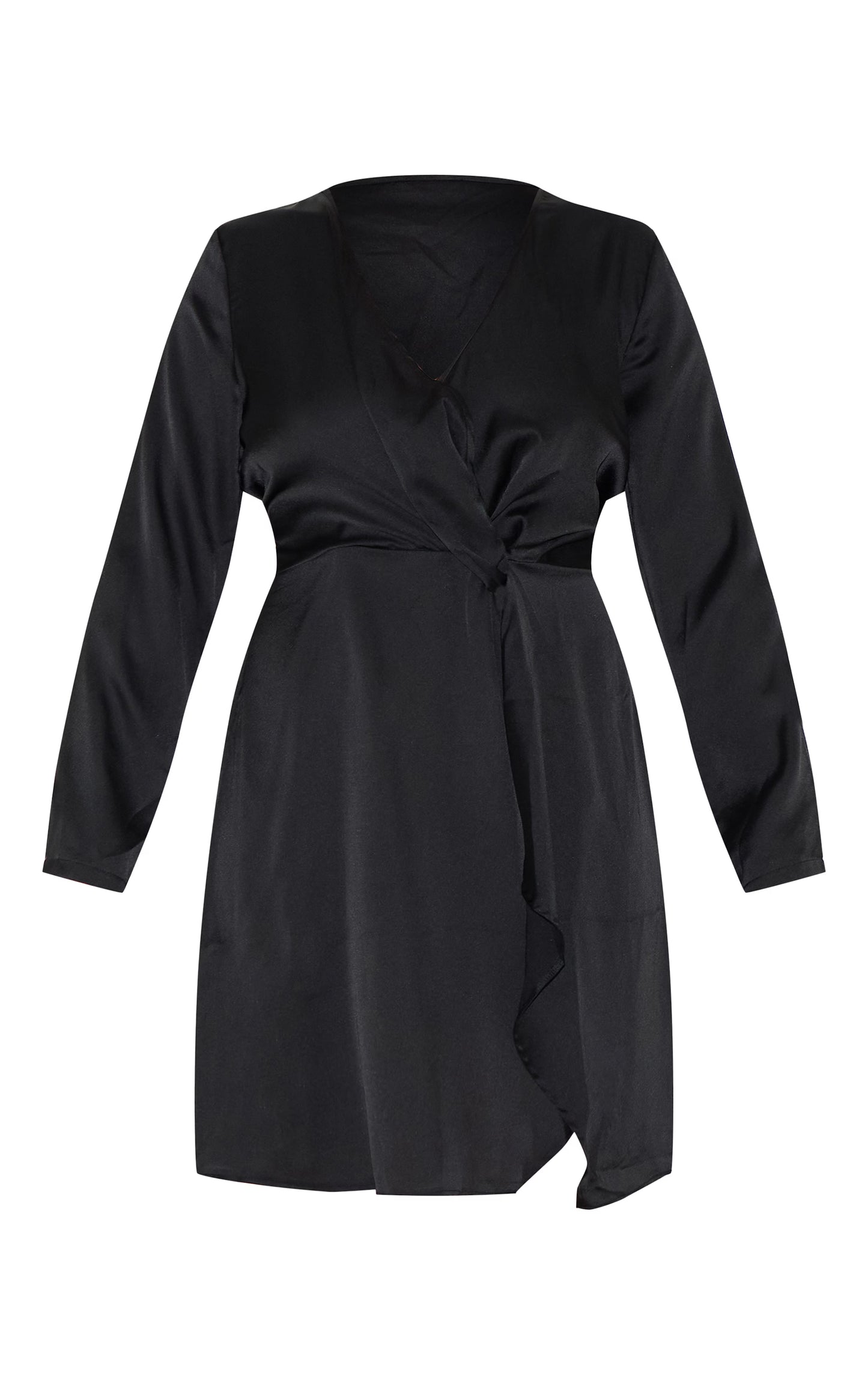 Plus Black Satin Long Sleeve Wrap Dress