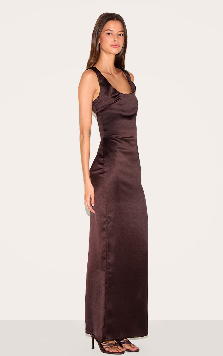 Chocolate Satin Scoop Neck Maxi Dress