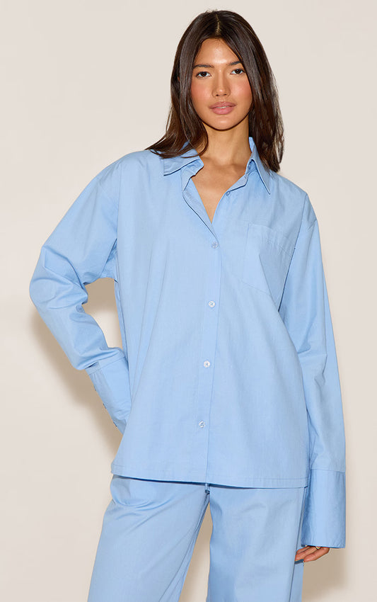 Sky Blue Cotton Poplin Oversized Long Sleeve Shirt