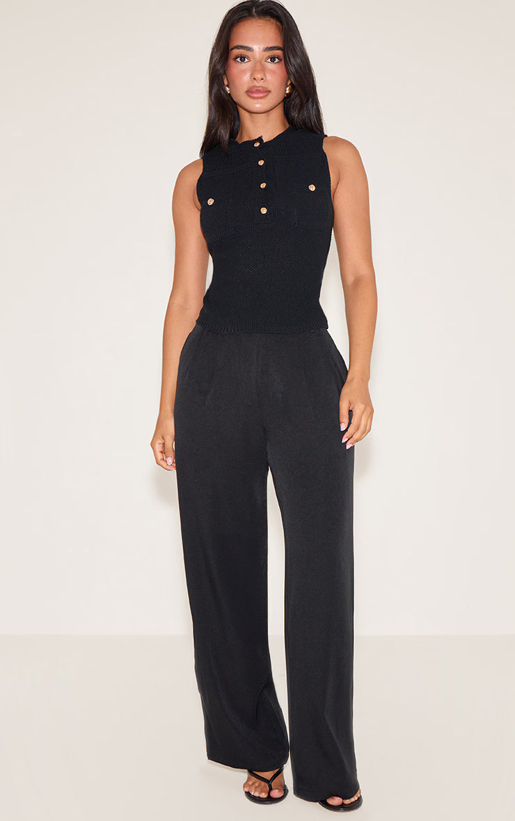 Petite Black Knitted Long Top With Button Details