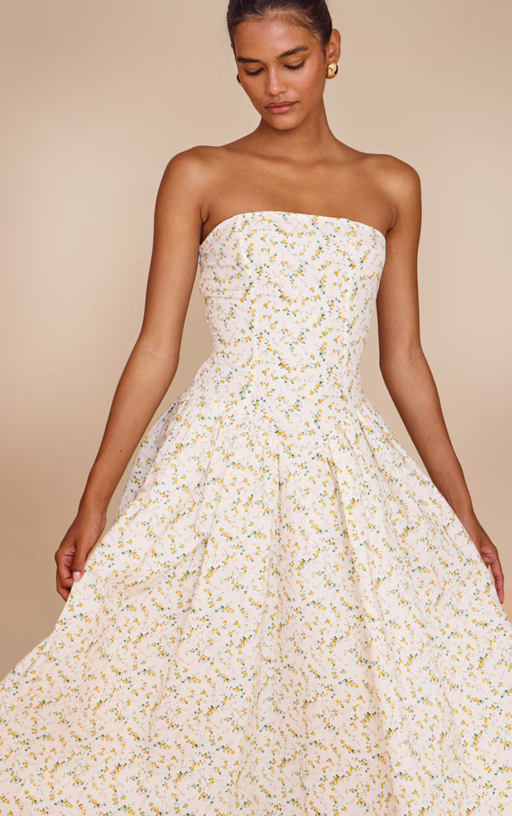 Yellow Ditsy Printed Bandeau Skater Midaxi Dress