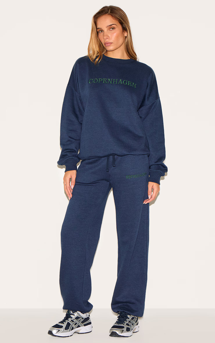 Navy Copenhagen Embroidered Wide Leg Cuffed Sweatpants