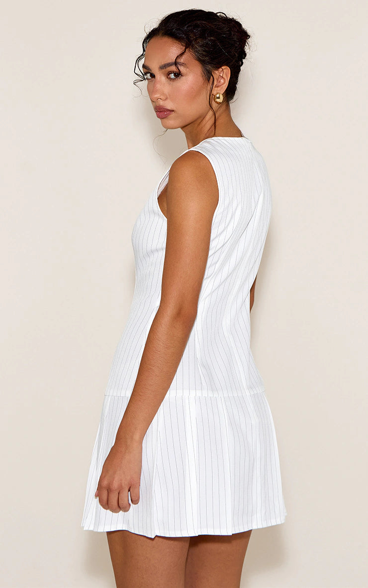 White Pinstripe Button Down Pleated Hem Shift Dress