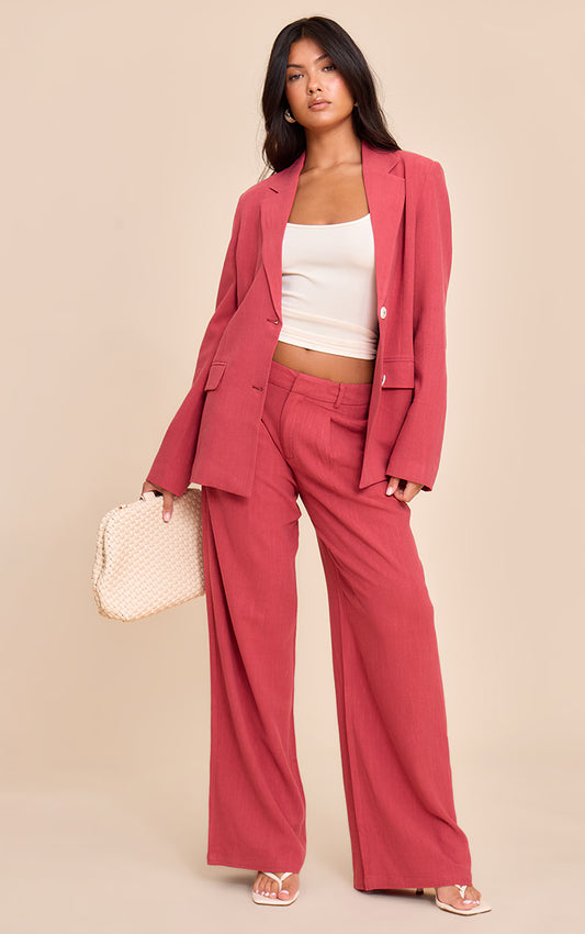 Dark Red Tailored Linen Wide Leg Pants