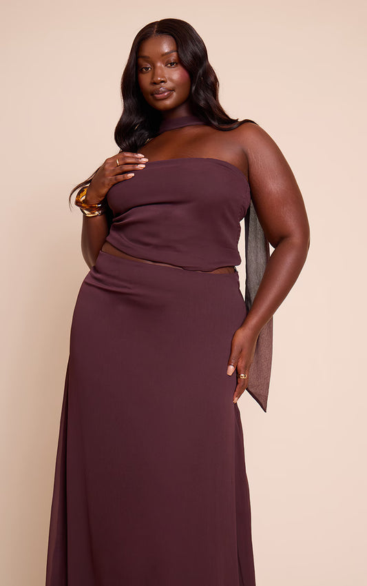 Plus Brown Chiffon Neck Wrap Top