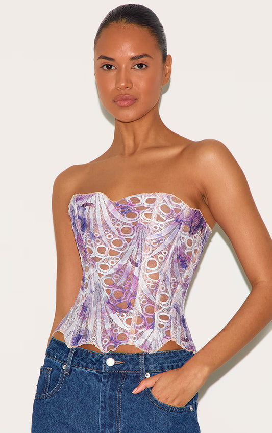 Purple Textured Sheer Floral Lace Corset