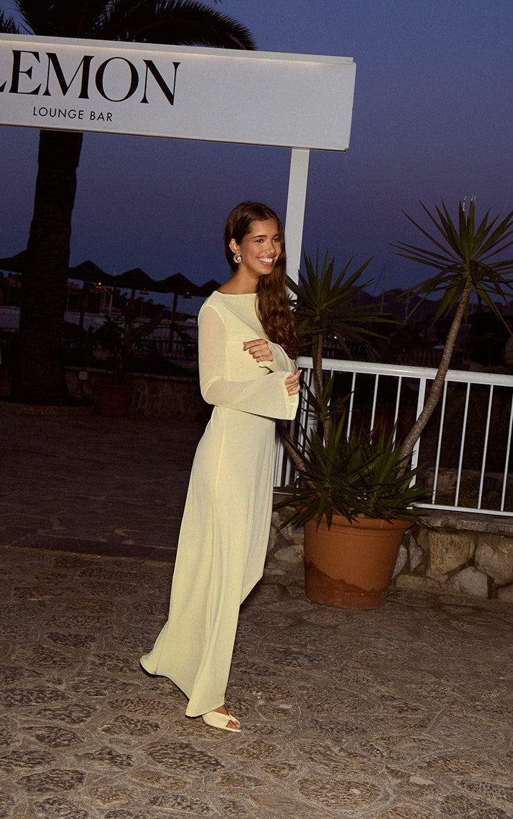Butter Yellow Chiffon Boat Neck Long Sleeve Maxi Dress