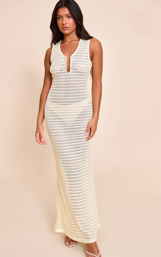 Lemon Trim Detail Crochet Maxi Dress