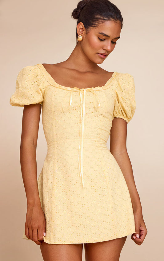 Yellow Broderie Puff Sleeve A-line Mini Dress
