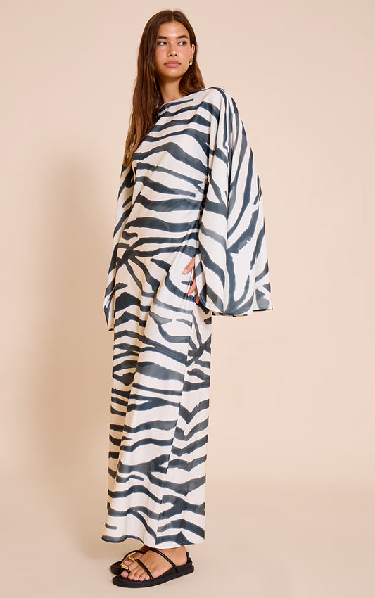 Zebra Print Floaty Woven Flared Sleeve Maxi Dress