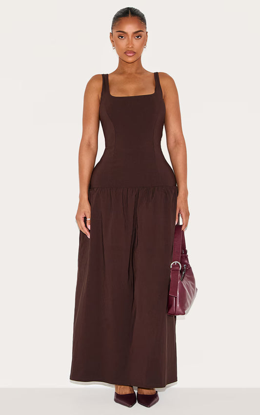Shape Chocolate Stretch Woven Square Neck Dropped Hem Maxi Shift Dress