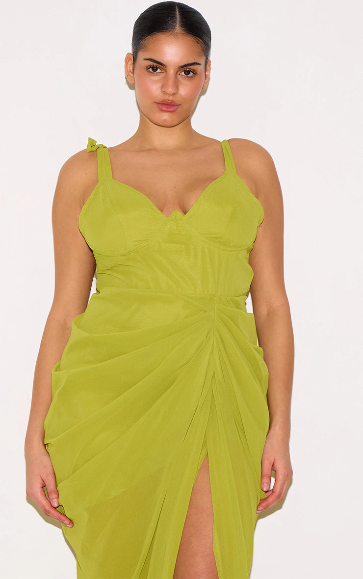 Plus Olive Underwire Detail Draped Midi Dress