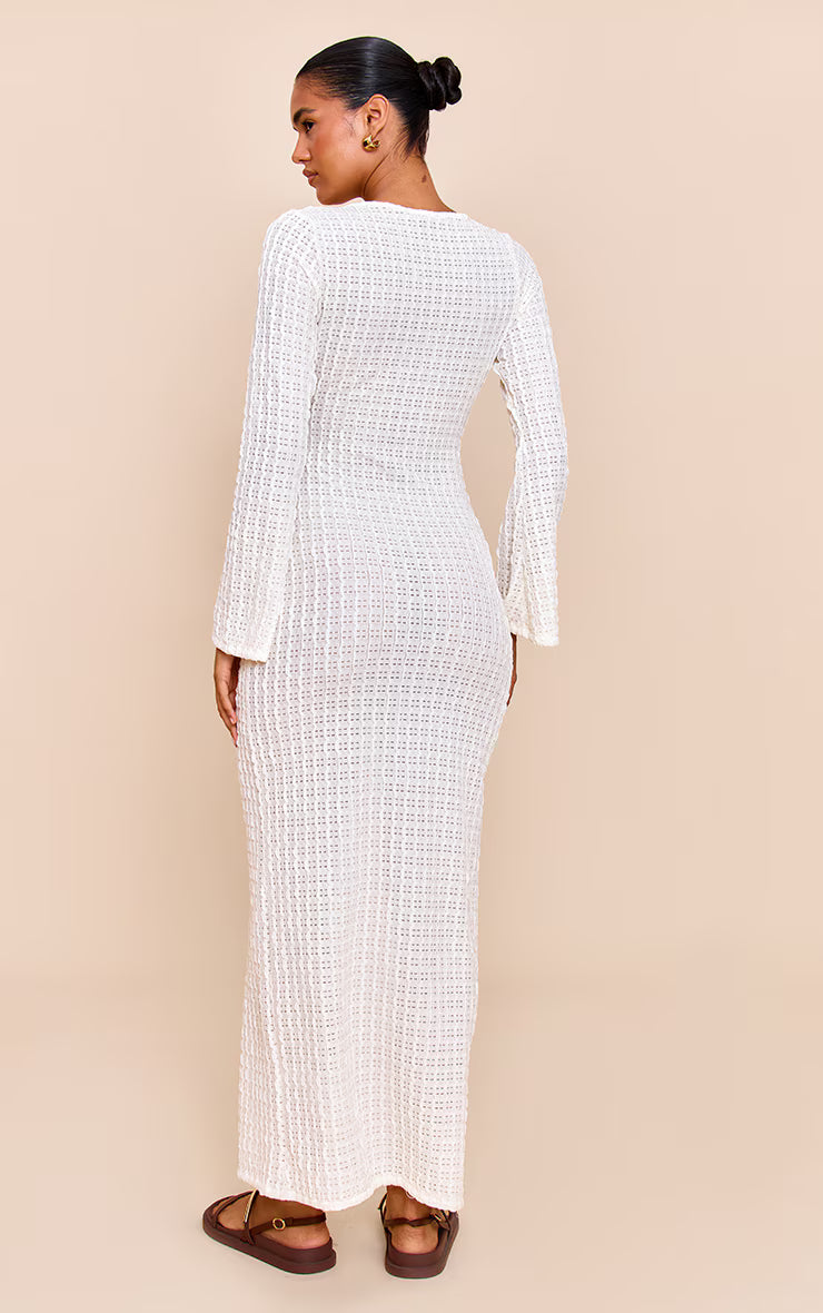 Cream Textured Keyhole Tie Detail Long Sleeve Bodycon Dress