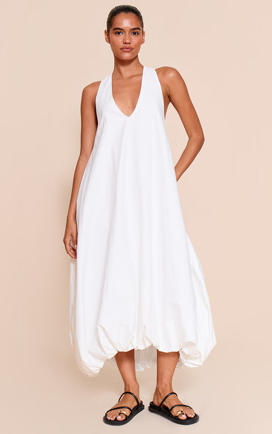 White Cotton Poplin Plunge Sleeveless Maxi Dress