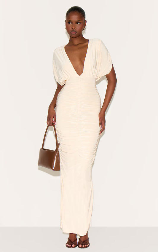 Butter Yellow Double Layer Slinky Ruched Batwing Maxi Dress