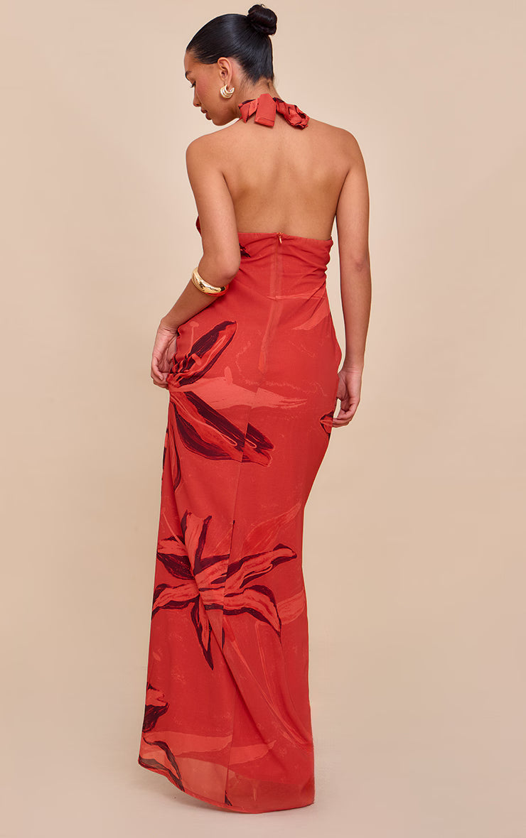 Rust Printed Plunge Tie Detail Maxi Dress