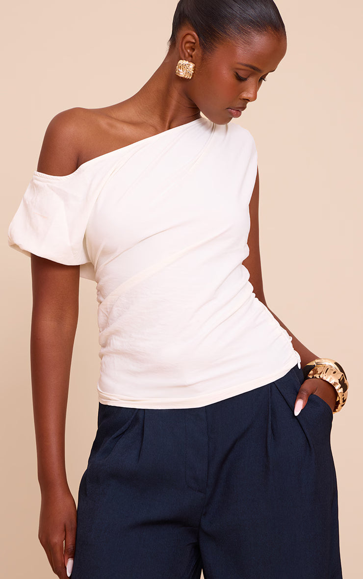 Cream Floaty Woven Ruched One Shoulder Top