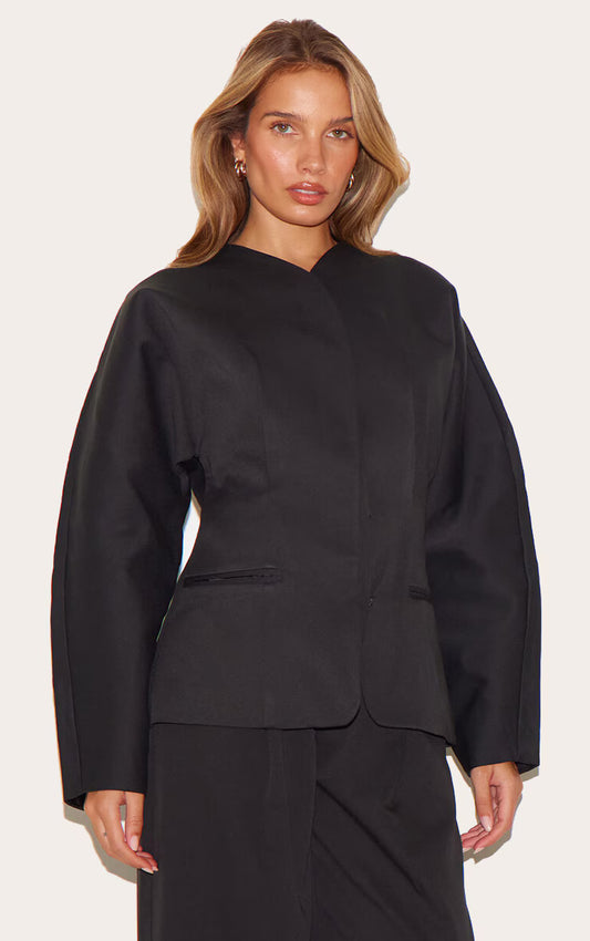 Black Premium Woven Tailored Collarless Detail Blazer