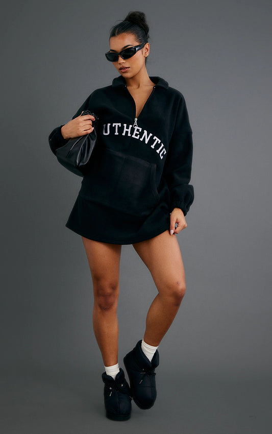 Black Authentic Graphic Half Zip Fleece Sweater Dress