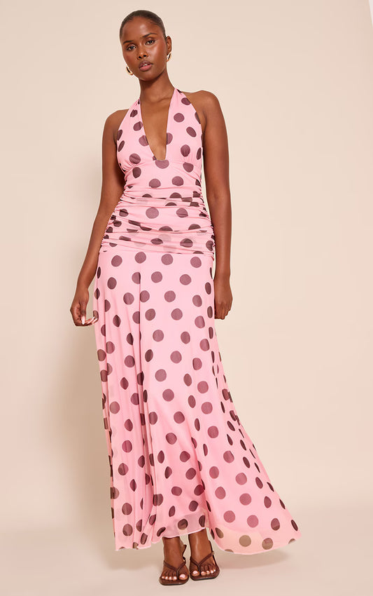 Pink Polka Dot Chiffon Halterneck Maxi Dress