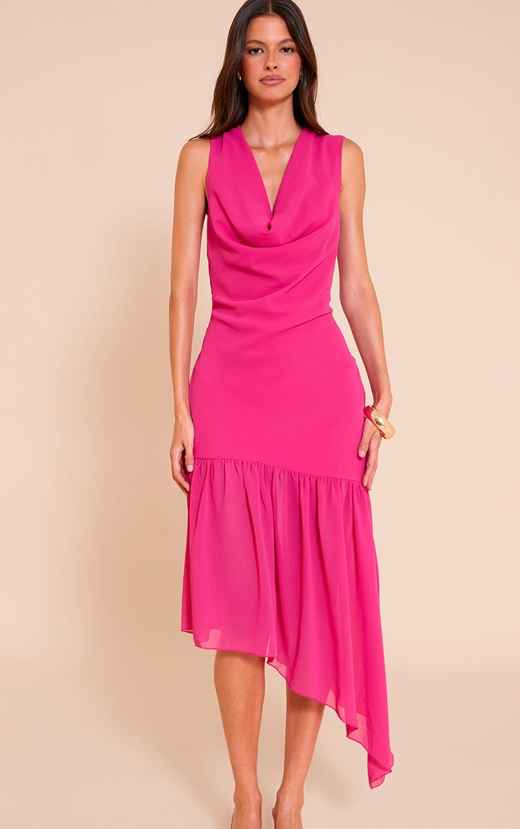 Fuschia Chiffon Drape Detail Asymmetric Midaxi Dress