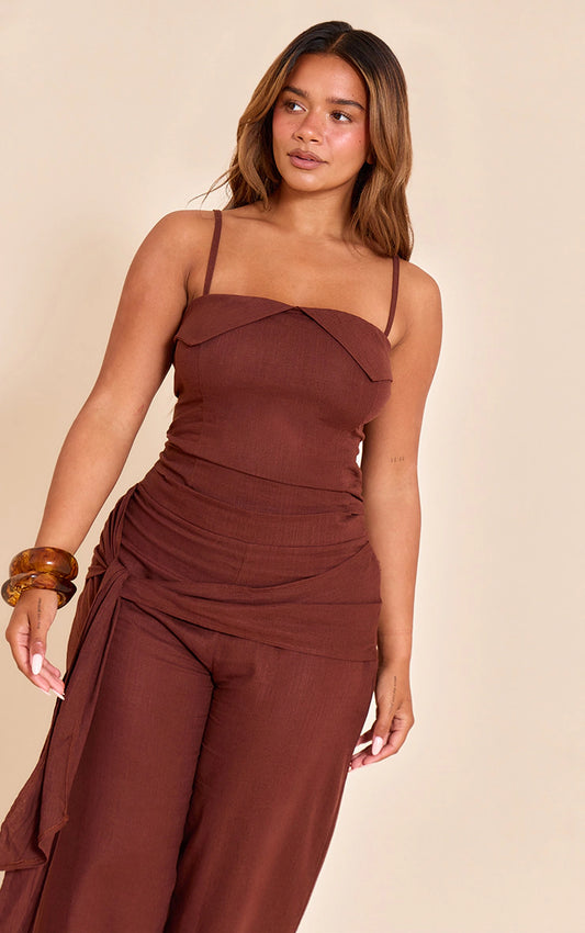 Shape Chocolate Linen Look Fold Over Detail Top