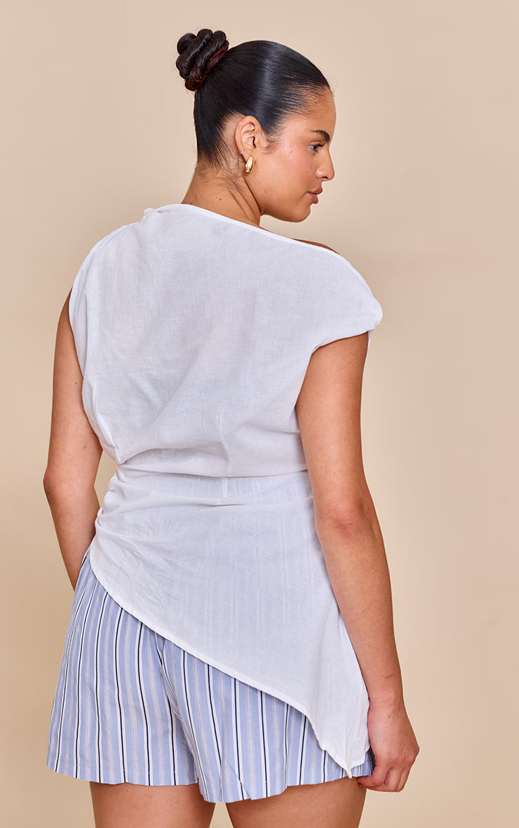 Plus White Linen Slash Neck Asymmetric Sleeveless Top