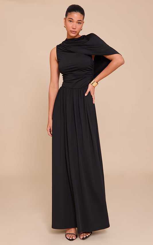 Black Layered Ruched Maxi Dress