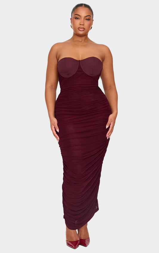 Plus Burgundy Mesh Ruched Cup Detail Maxi Dress