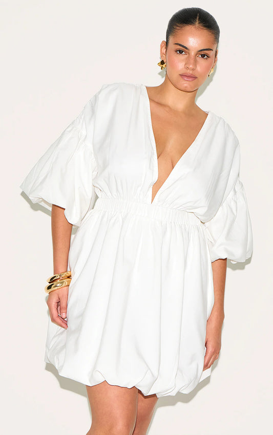 Plus White Puff Sleeve Puffball Hem Dress