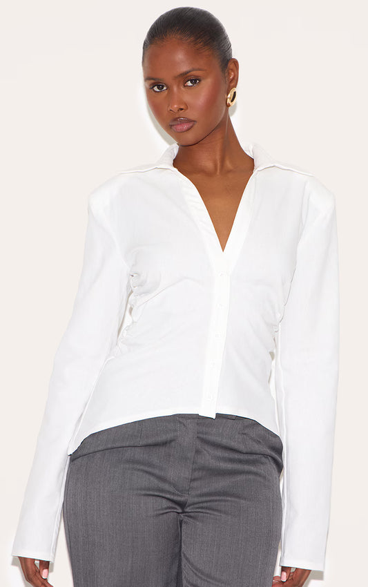 White Linen Blend Shoulder Padded Fitted Shirt