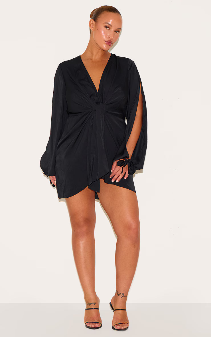 Plus Black Satin Twist Front Open Sleeve Wrap Dress