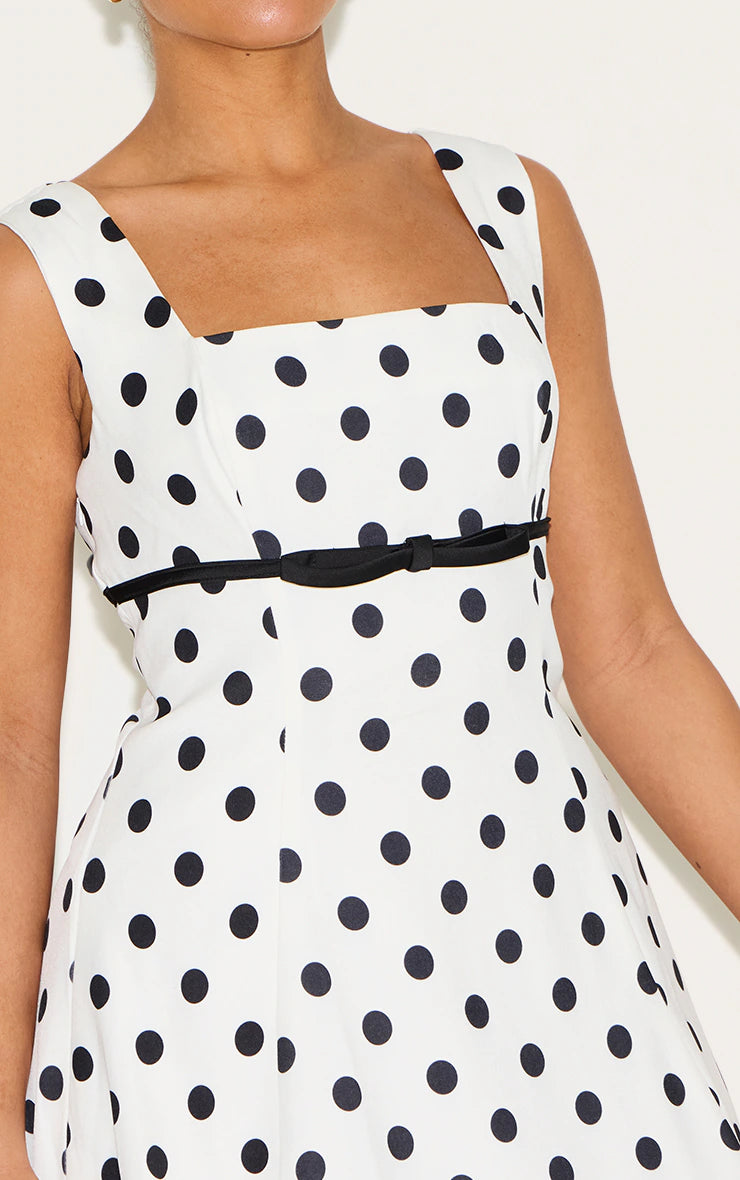 Shape White Polka Dot Square Neck Under Bust Bow Detail A-line Mini Dress
