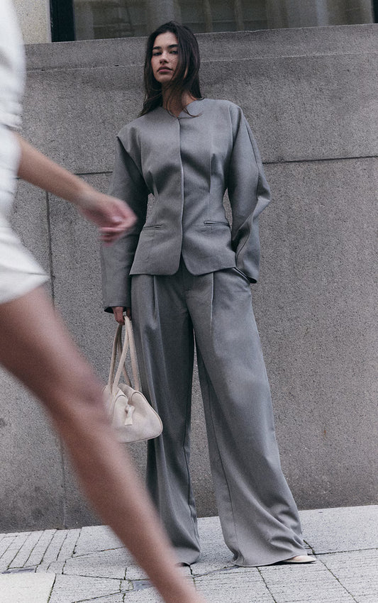 Grey Premium Woven Tailored Wide Leg Pleated Pants