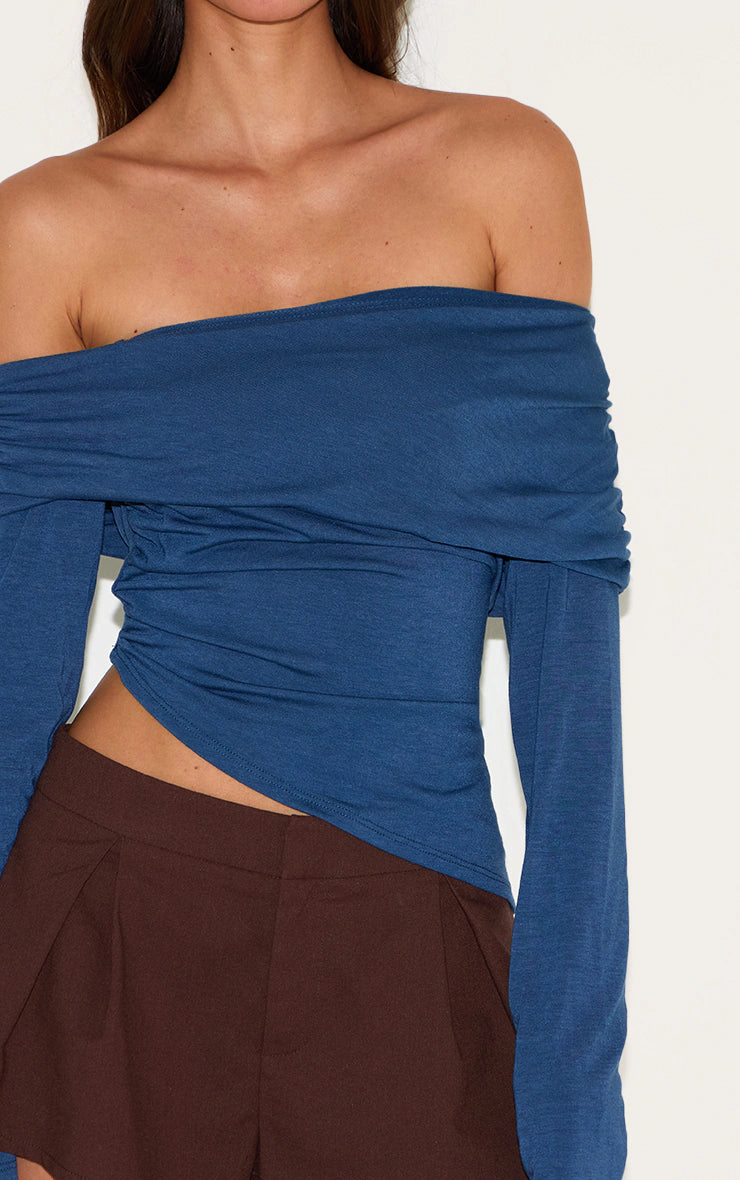 Petrol Blue Contour Jersey Fold Over Detail Bardot Long Sleeve Top