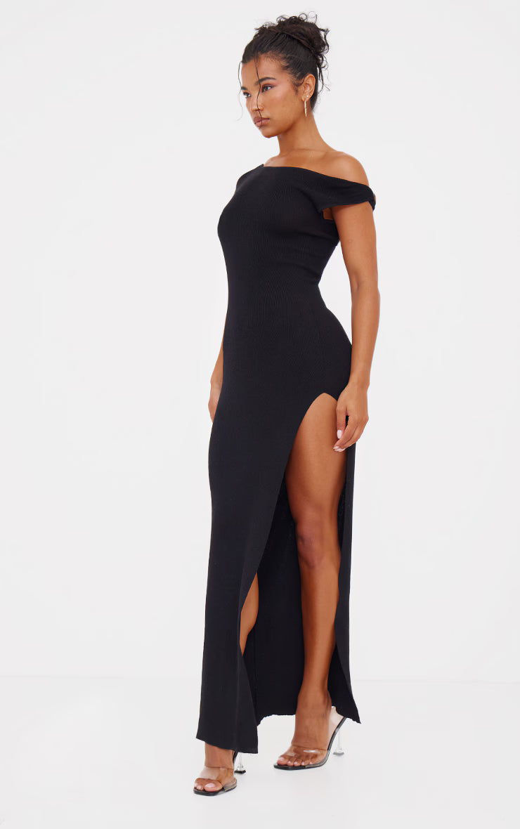 Black Fine Knit Twist Neck Maxi Dress