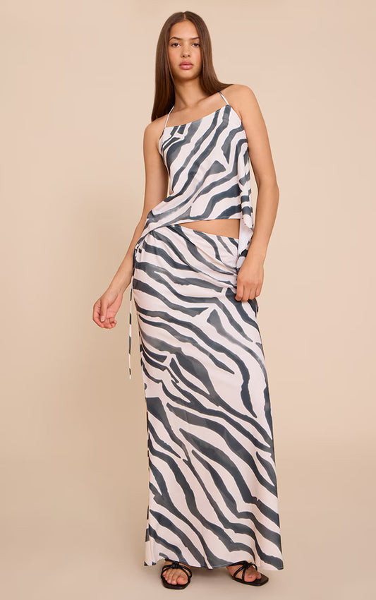 Zebra Print Floaty Woven Tie Side Low Rise Maxi Skirt
