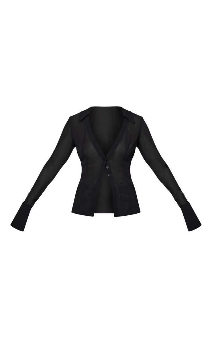 Tall Black Mesh Button Front Blouse