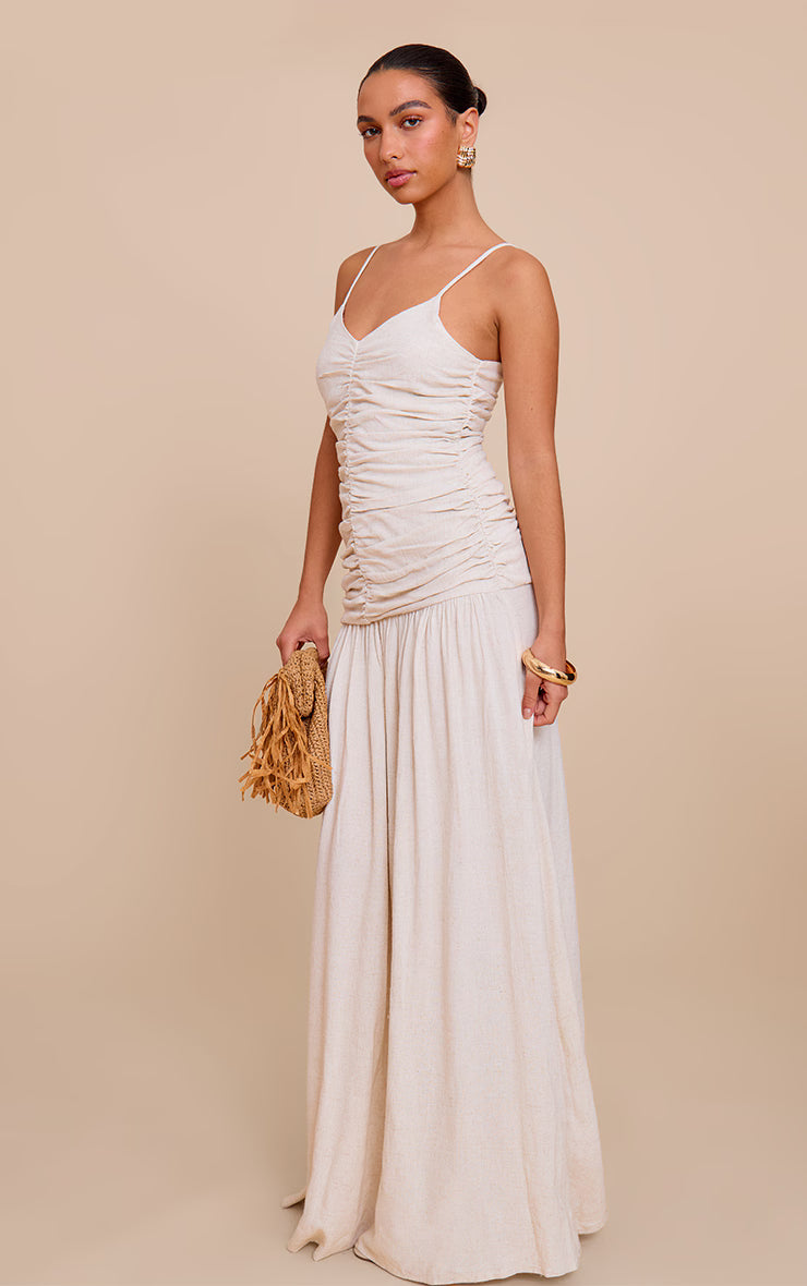 Natural Textured Linen Look Woven Ruched Detail Dropped Hem Maxi Dress